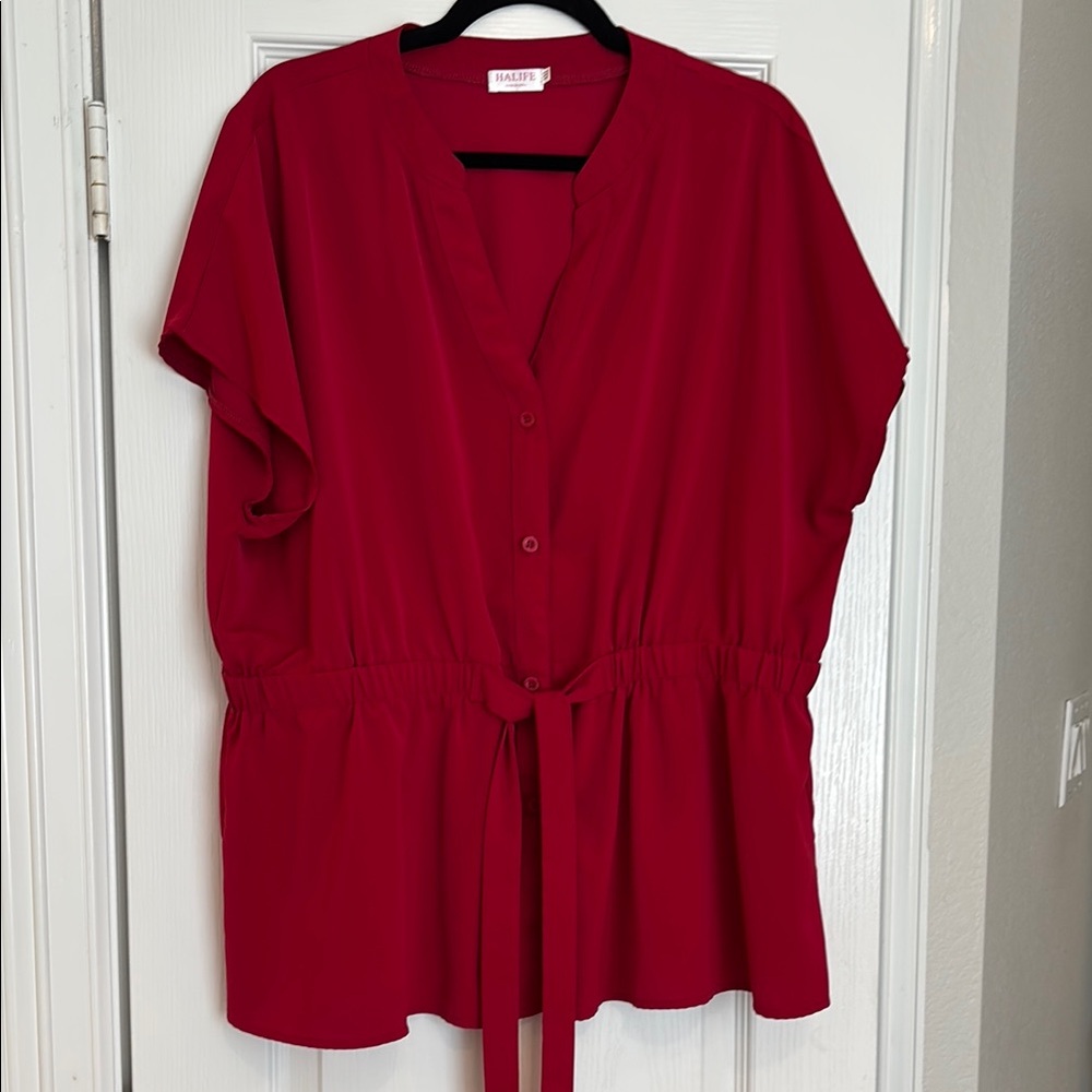 Halogen Red Short Sleeve Tie Front Blouse